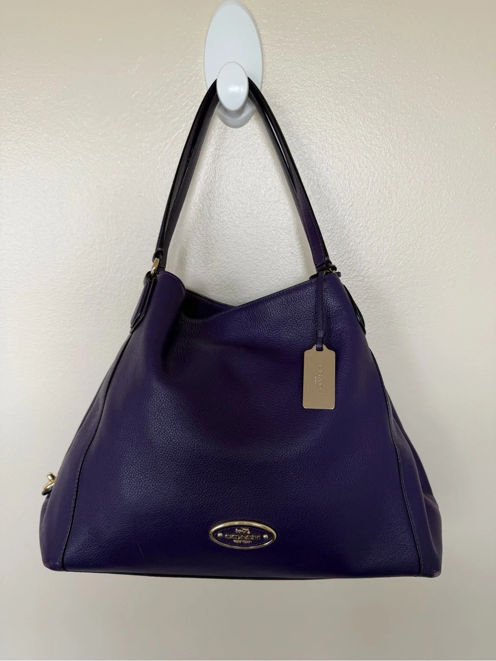 COACH Edie Turnlock Purple Gold Large Pebbled Leather Triple Hobo Shoulder Bag